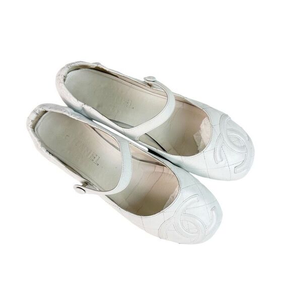 CHANEL White Cambon Maryjane Ballet Flat US 10.5 CC Logo Leather Shoes Round Toe - Picture 4 of 11